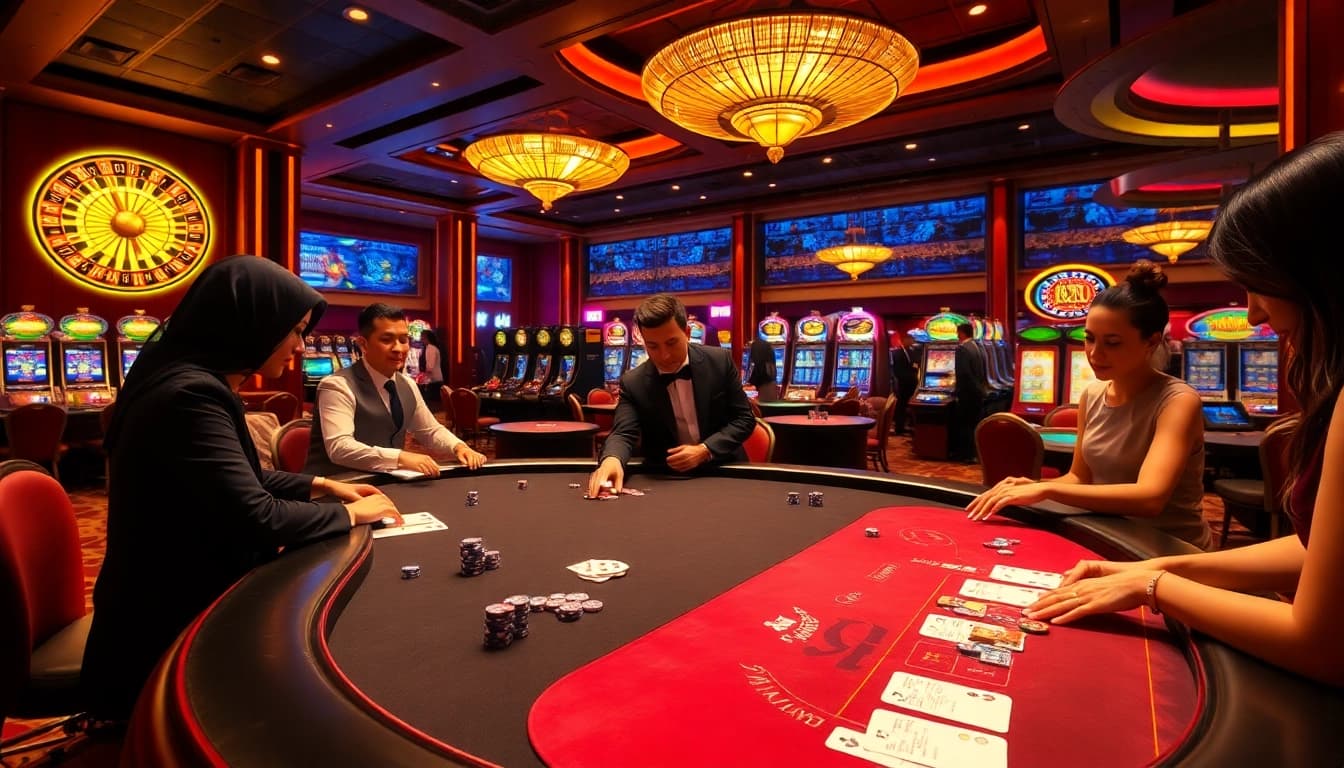 Playing at e28 malaysia's luxurious casino with vibrant poker tables and colorful chips.