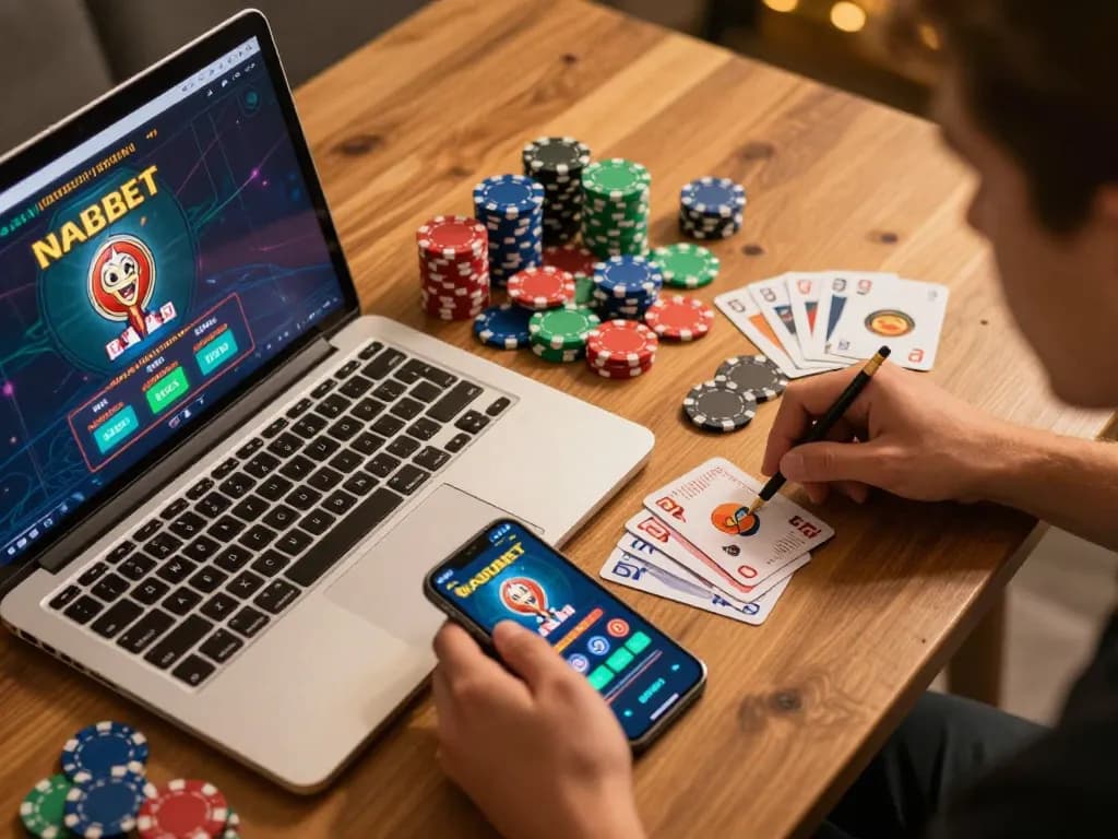 Experience the thrill of gaming with the Link Dabet chính thức featured on a stylish laptop and smartphone in a cozy setup, capturing online casino excitement.