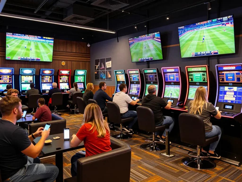 Engaged bettors experiencing thrilling moments at Thể thao TG88 in a vibrant sports lounge.