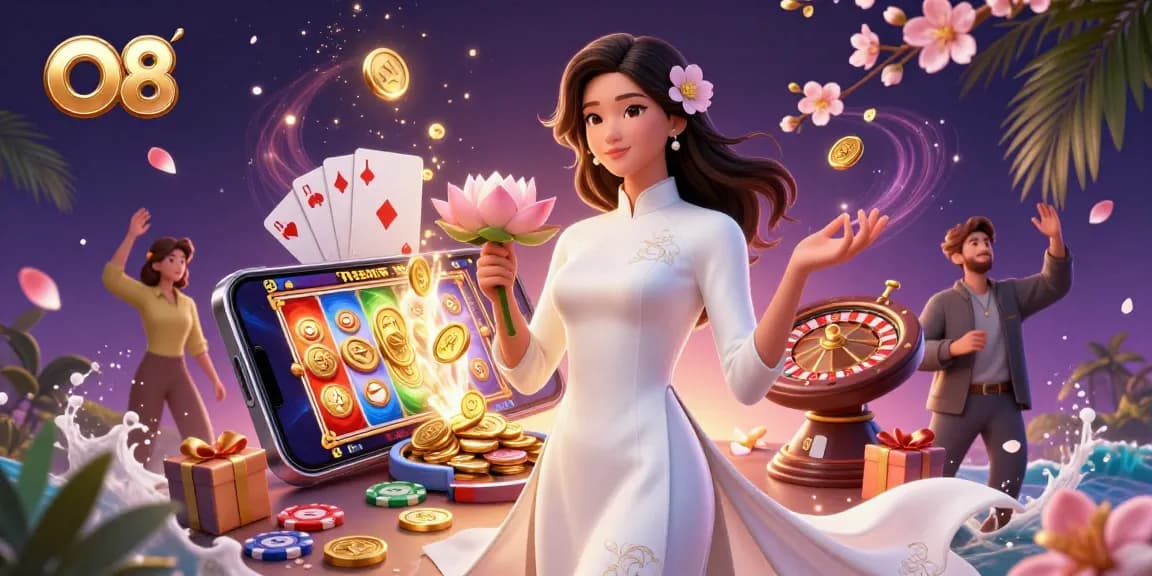 Experience O8's vibrant casino world with elegant characters winning at slots and roulette.