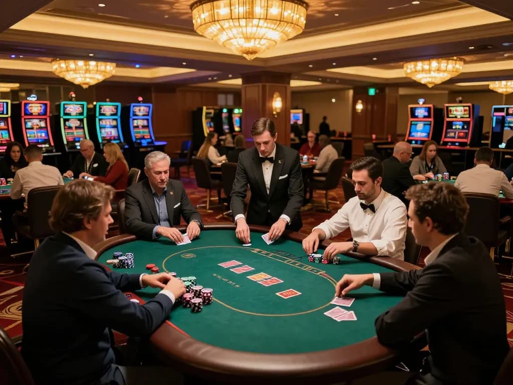 Engaged players strategizing the game at 79KING poker tables in a luxurious casino setting