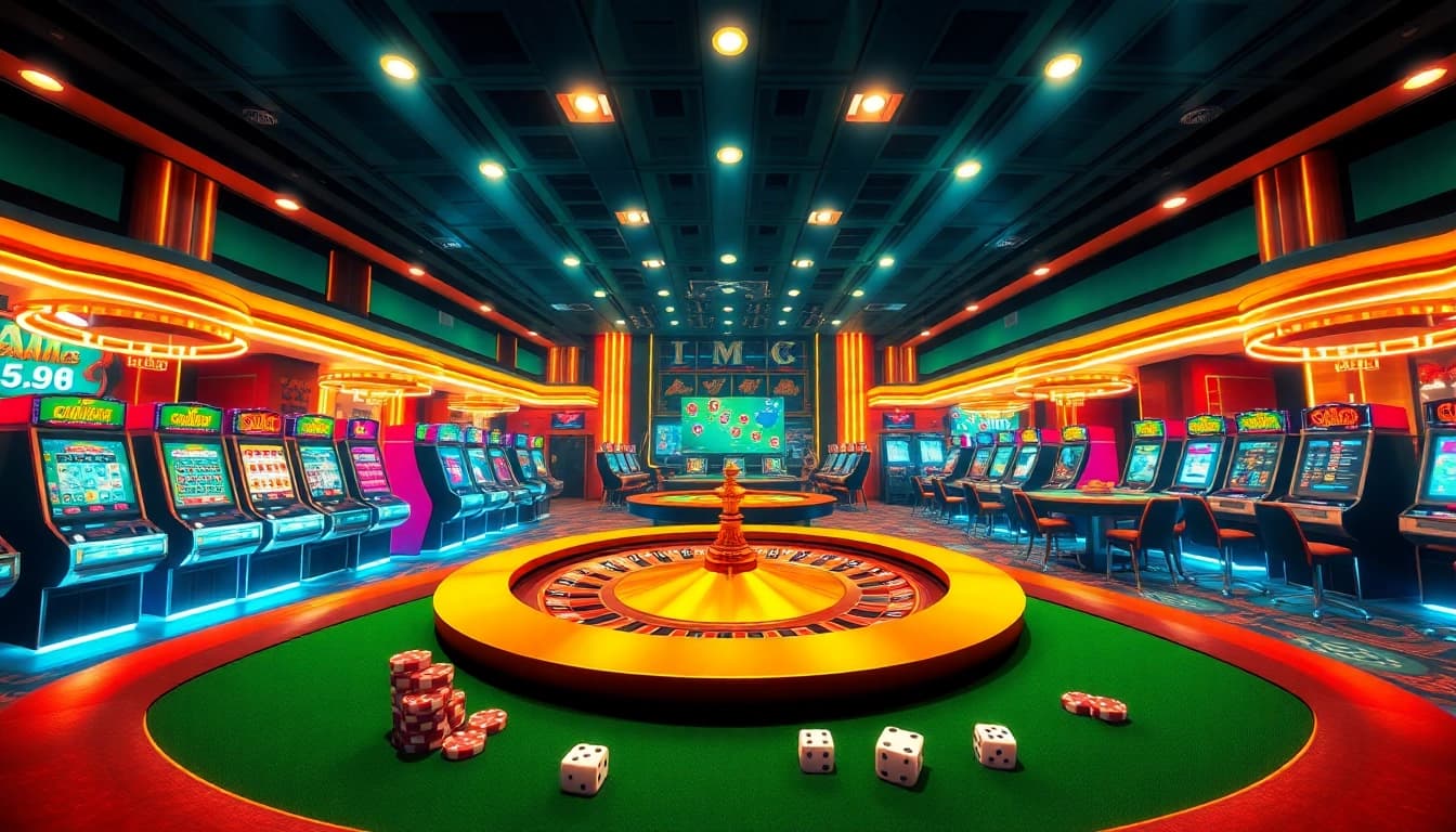 Experience excitement with MM88's innovative online casino atmosphere, featuring vibrant slot machines and poker tables.