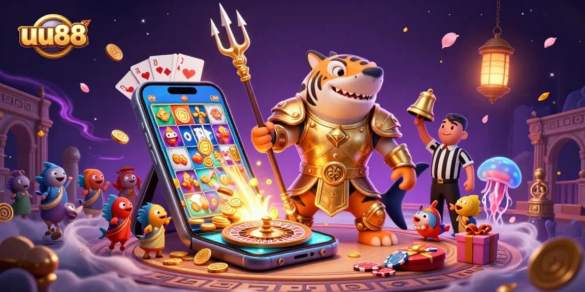 Spin to win at uu88 with a golden shark gladiator and dynamic casino elements in a vibrant underwater colosseum.