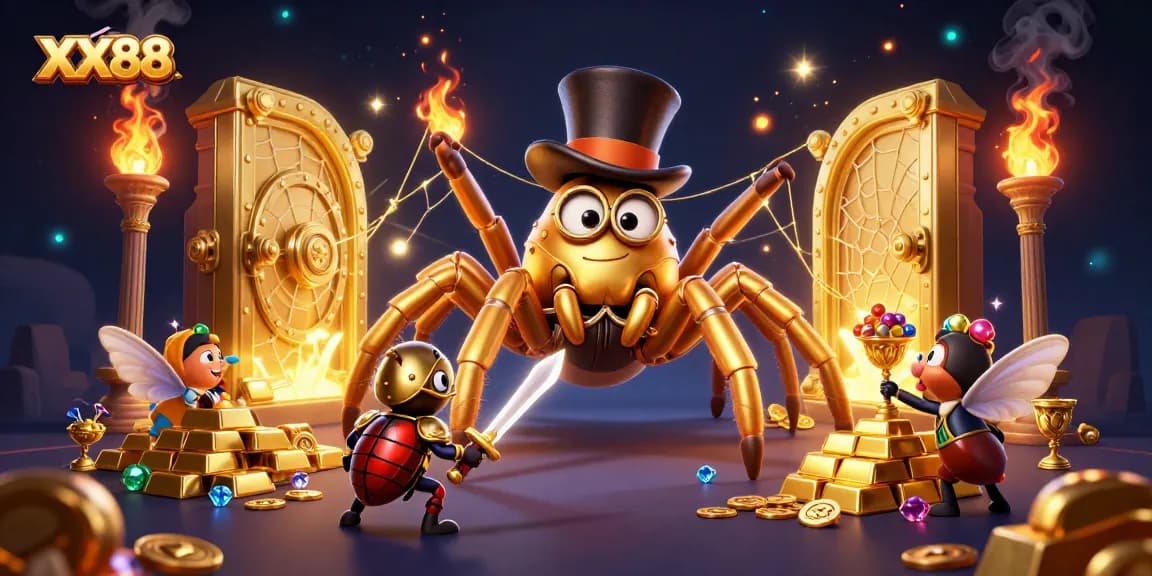 Engage in thrilling gameplay at XX88, where a golden tarantula and beetle knight create an enchanting experience.