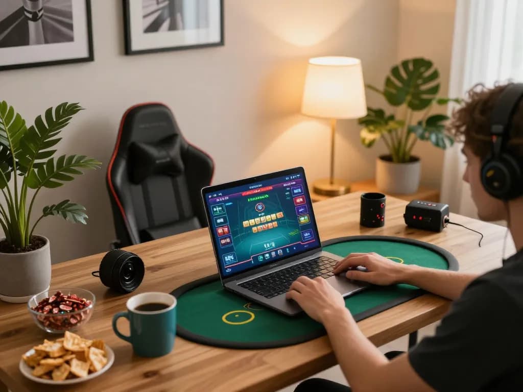 Engaging in online gambling at home with bl555 poker game displayed on laptop screen.