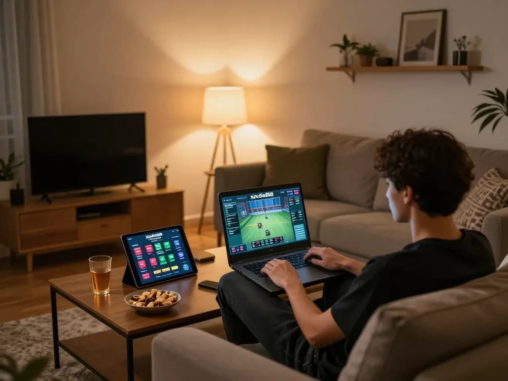 Xocdia88 online gaming scene with player engaged in a live game on laptop, highlighting a comfortable home environment.