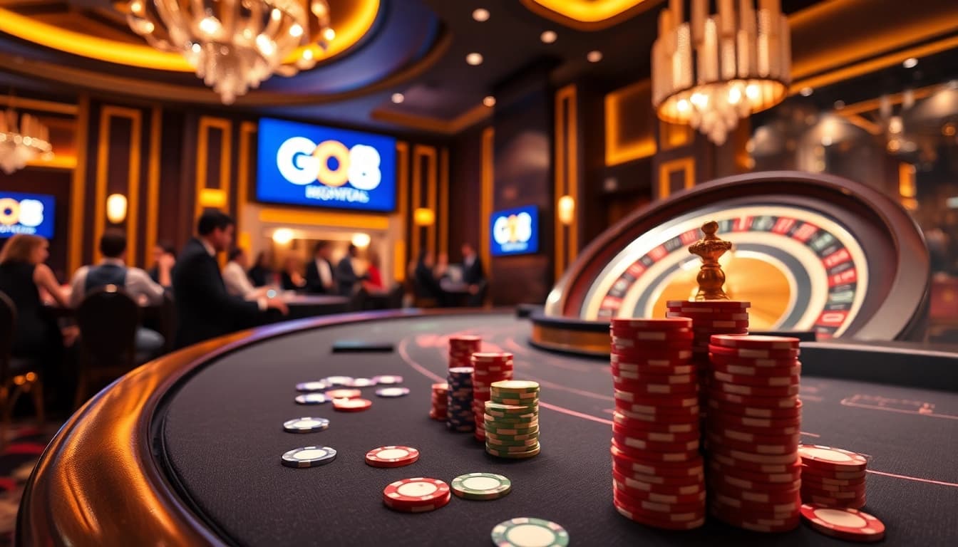 GO 88 branded chips stacked high on a luxury casino table, highlighting exciting poker gameplay.