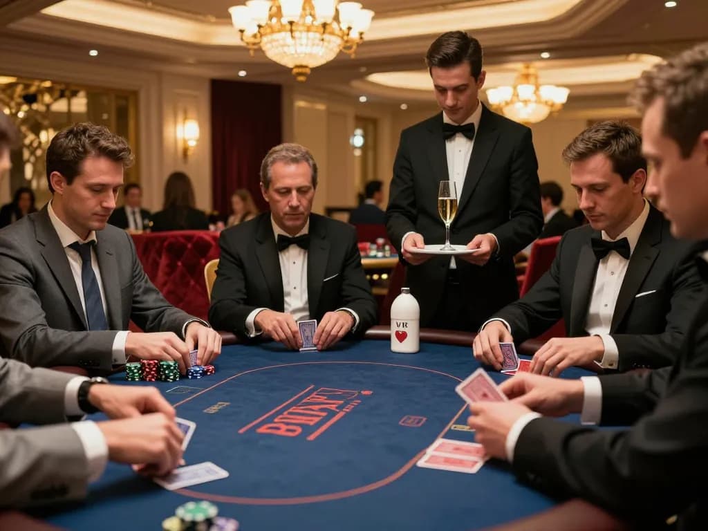 58winwin vip players strategizing at a luxurious poker table in an upscale casino.