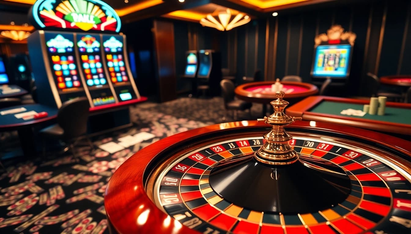 Experience the excitement of online gambling at https://bem88v.com/ with vibrant casino visuals of roulette and poker tables.