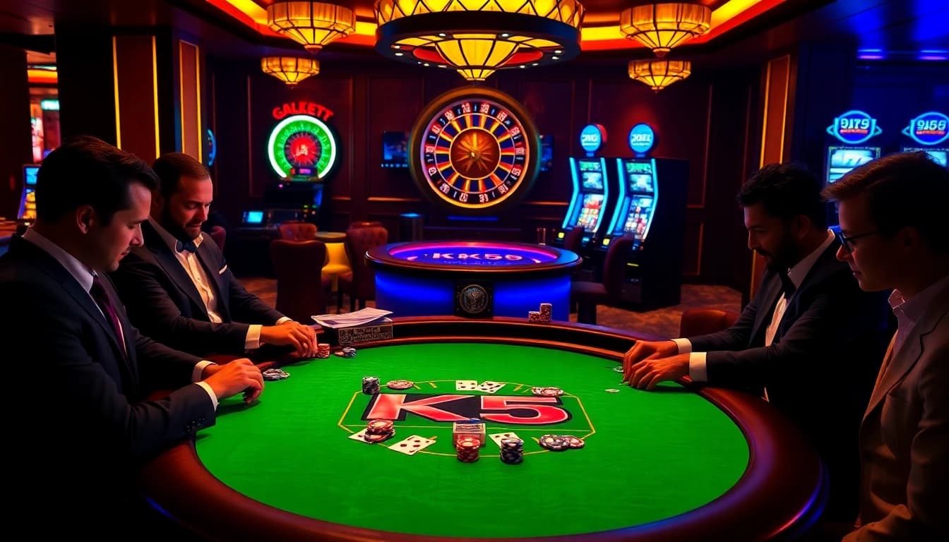 Sinta a emoção de uma partida KK55 de poker com fichas vibrantes e jogadores elegantes.