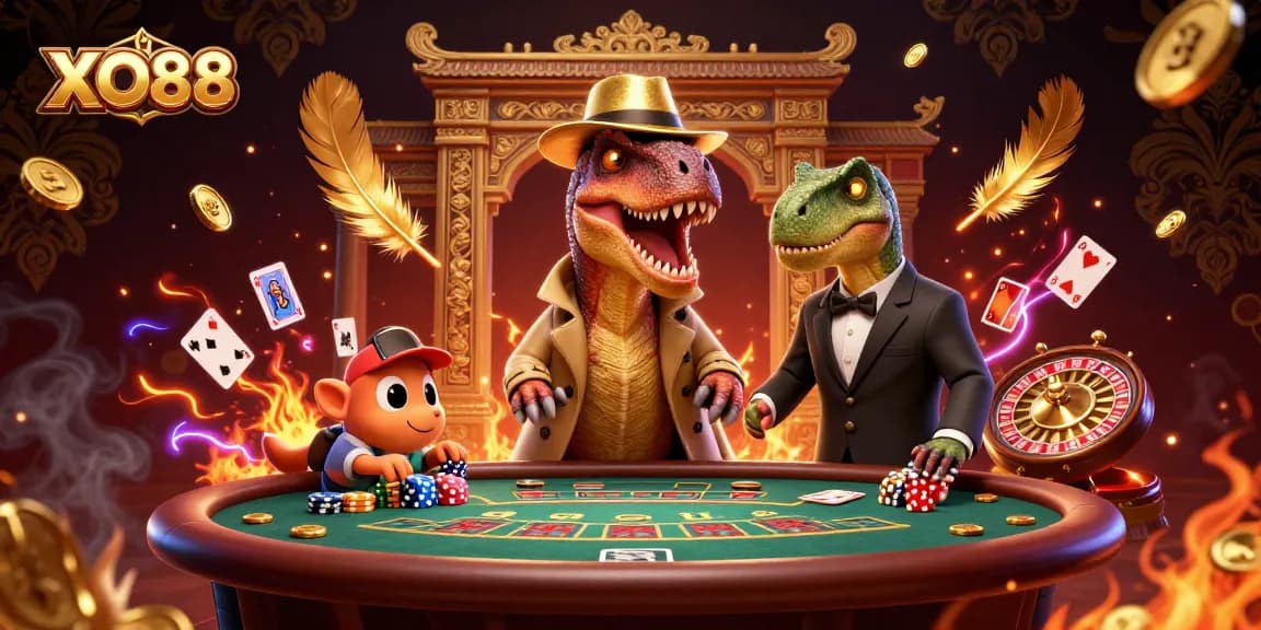 Experience the dynamic world of XO88 with a thrilling cartoon casino scene featuring vibrant characters and elements.