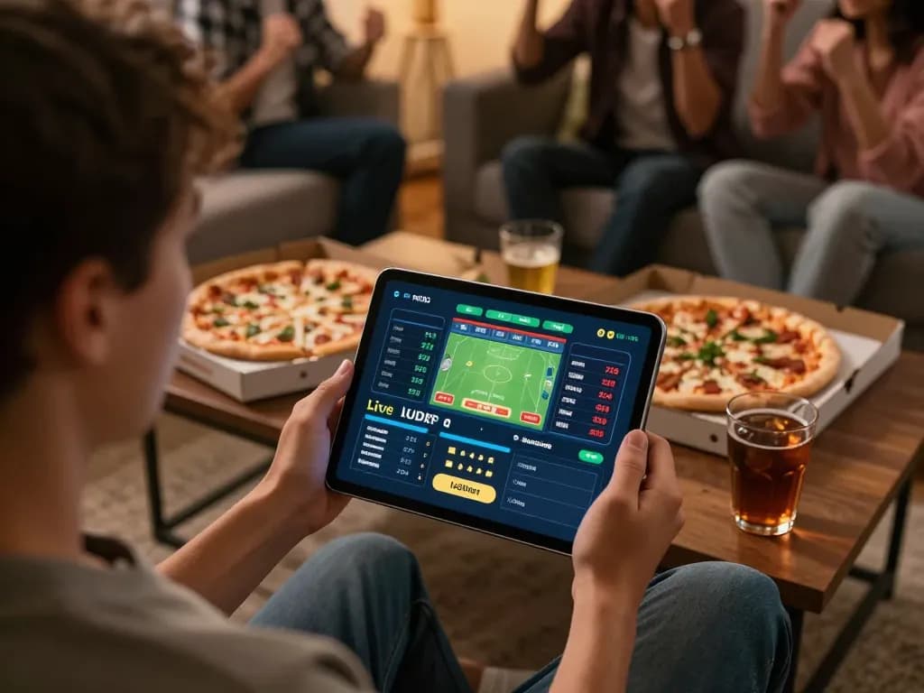 Engaging in online sports betting at home with tr88.pics app interface showing live odds in a cozy setting.