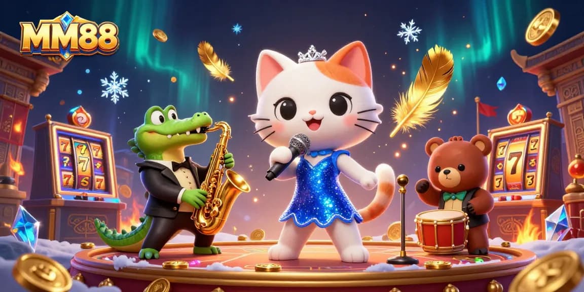 Experience exciting gameplay at MM88, where a jazzy cat sings on a vibrant casino stage filled with sparkling elements.