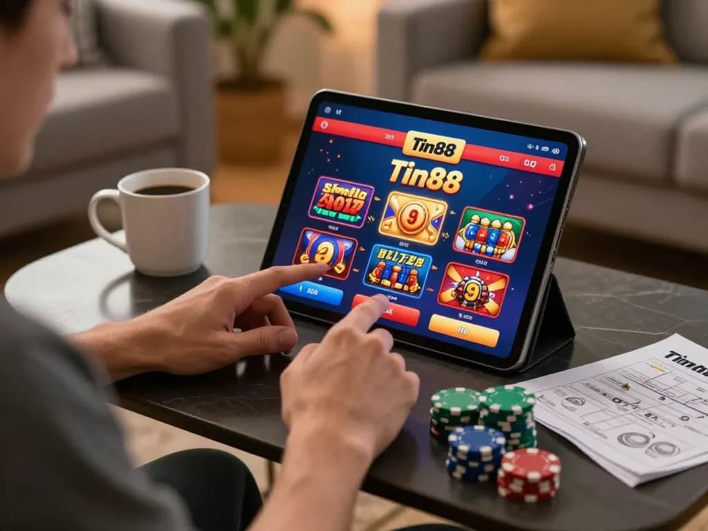 Engaging gaming experience on Tin88 app, with a player focused on online casino action from a cozy home setting.
