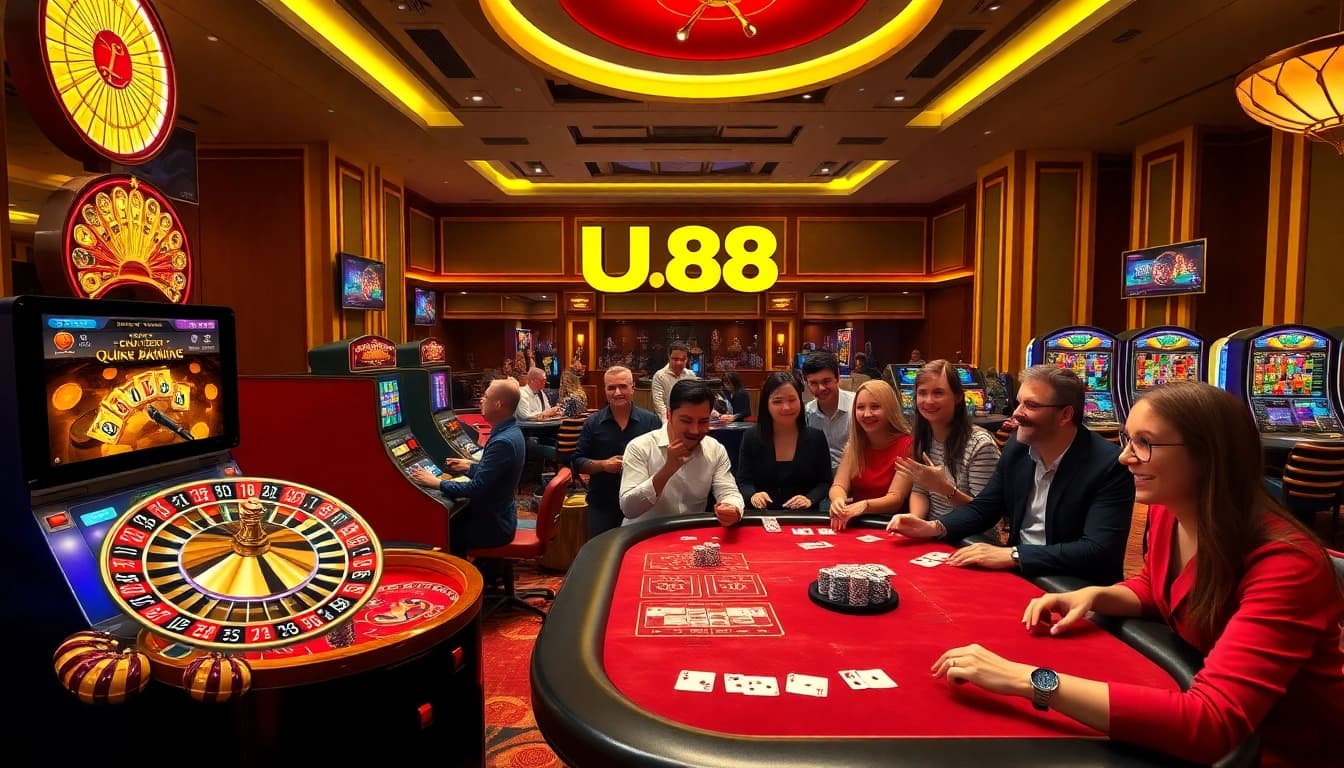 Players enjoying thrilling gambling activities at UU88 casino interface with vibrant tables.