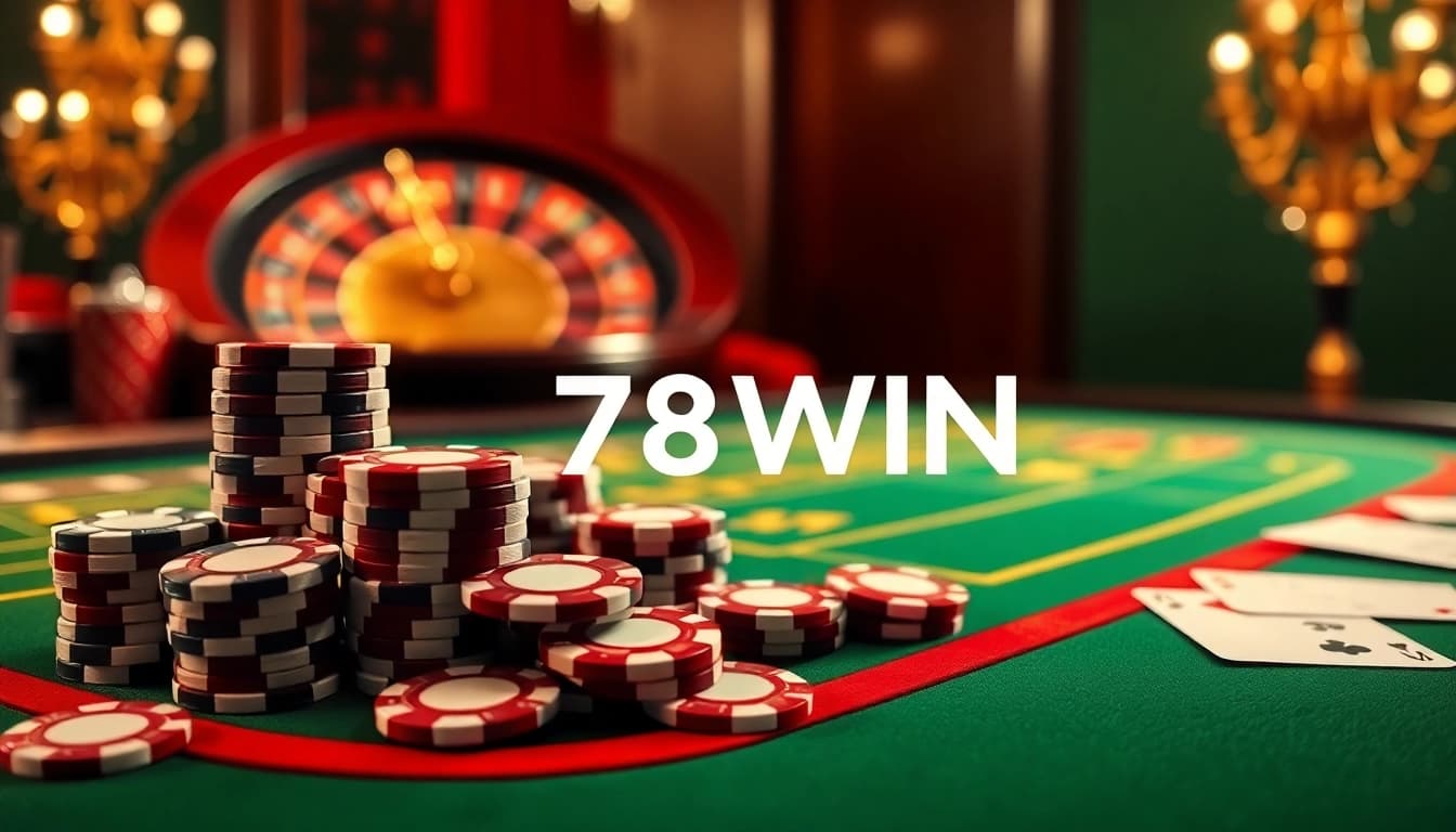 Experience exhilarating gameplay at 78WIN with poker chips and spinning roulette wheels.