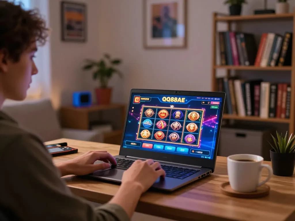 Engaging in QQ88AE online casino slots from a cozy home workspace.