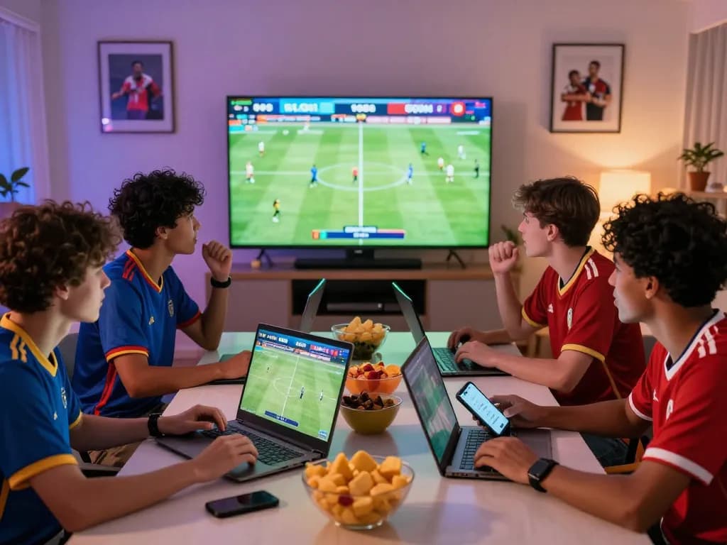Friends enjoying live football betting on 1gom, showcasing excitement and camaraderie in a vibrant setting.