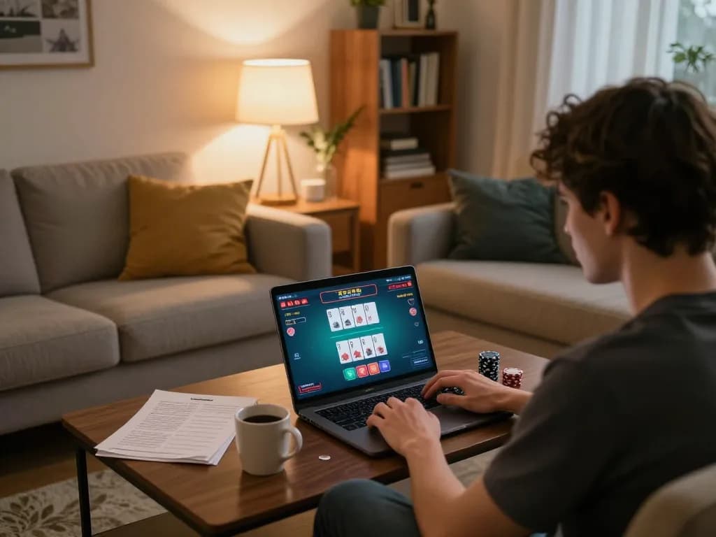 Gaming on rikvip from a cozy home setup with a warm atmosphere, showcasing poker on a laptop.