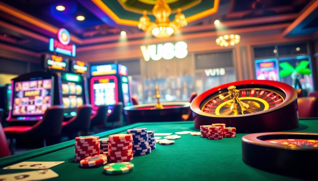 Experience the excitement of VU88 with dynamic casino tables and vibrant slot machines.