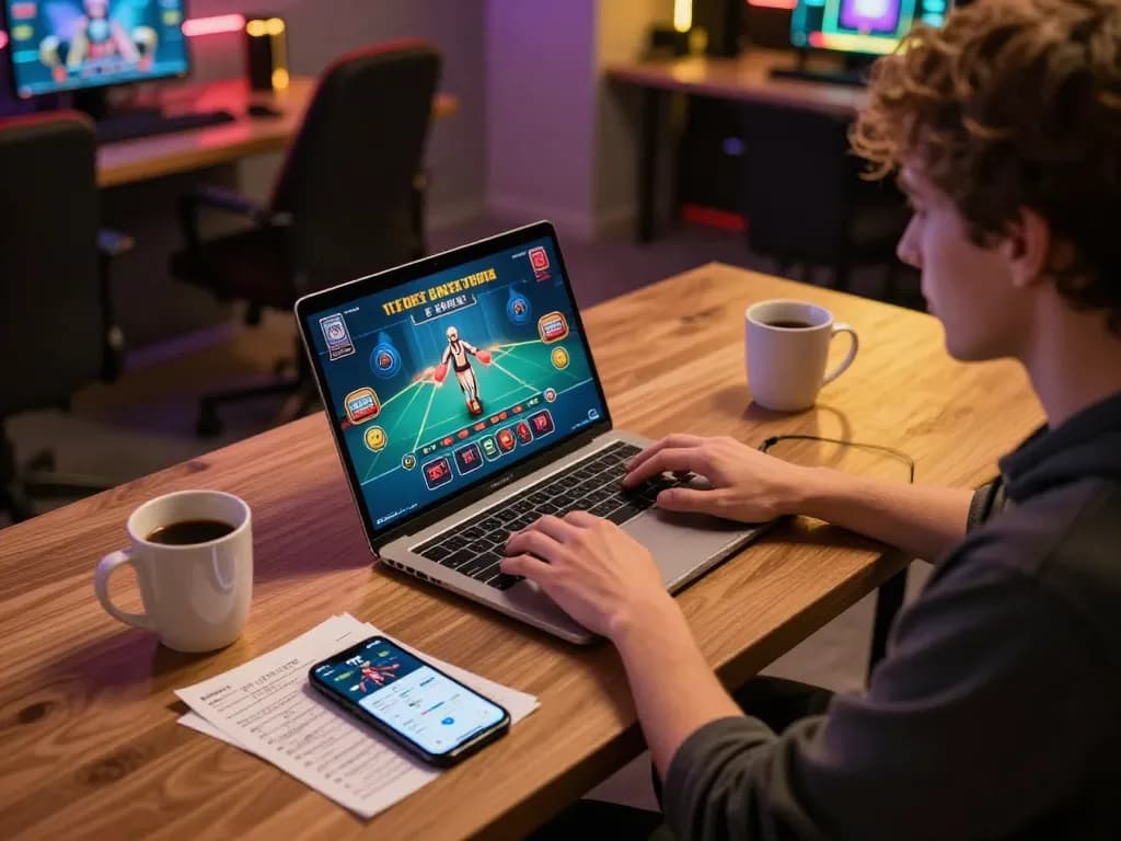 Player using TT88 app on smartphone while enjoying live dealer game on laptop at home