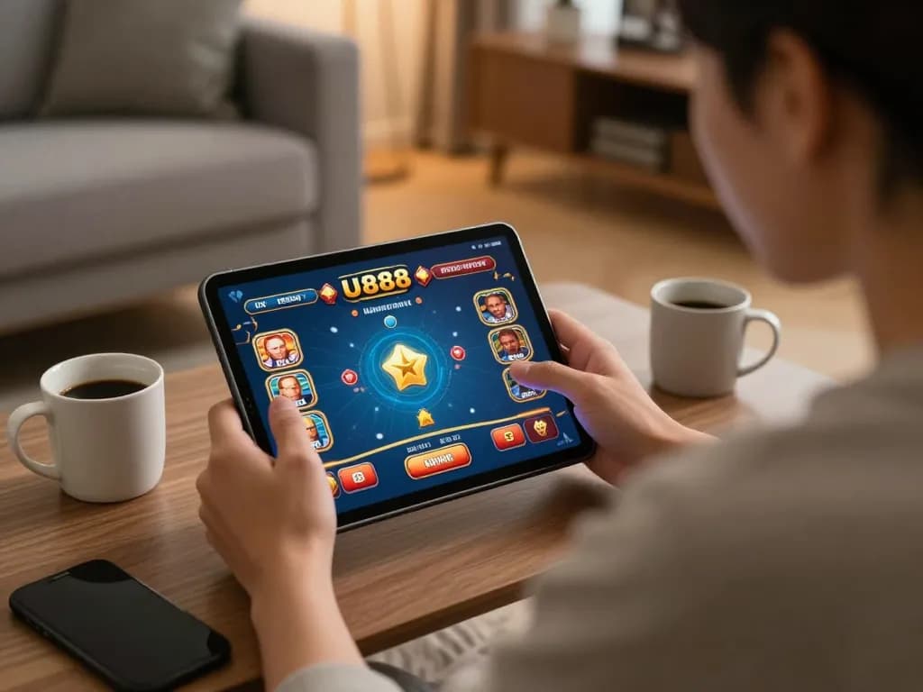 Player analyzes winning strategies on U888 casino app during a cozy gaming session