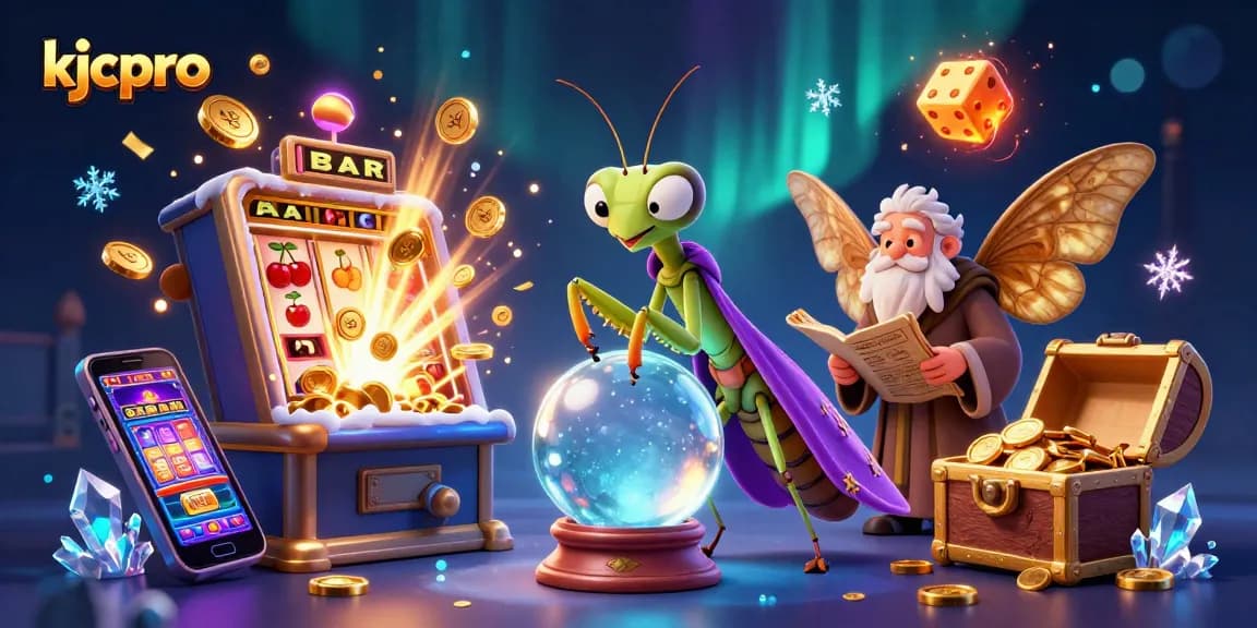 KJCpro brings excitement alive with a vibrant 3D casino scene featuring a whimsical fortune teller and slot machine jackpots.
