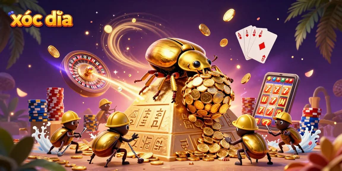 Win at xóc đĩa with golden beetles in a vibrant casino scene filled with dynamic elements.