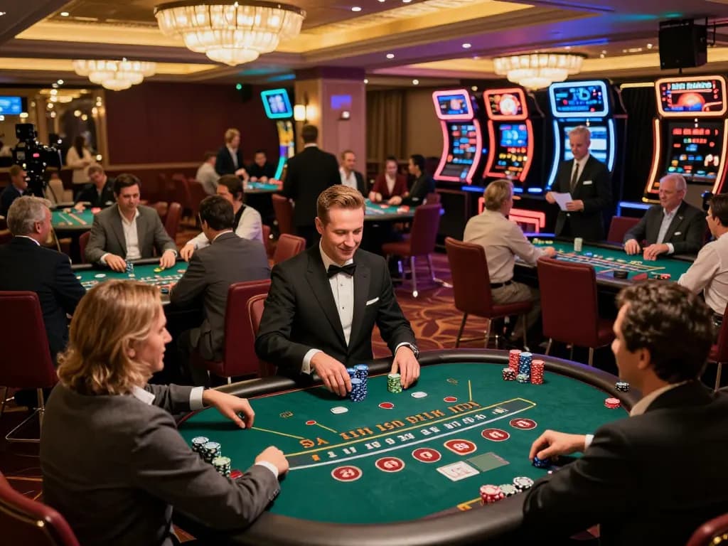 Players enjoying poker and baccarat games at SC88's vibrant casino floor during peak hours