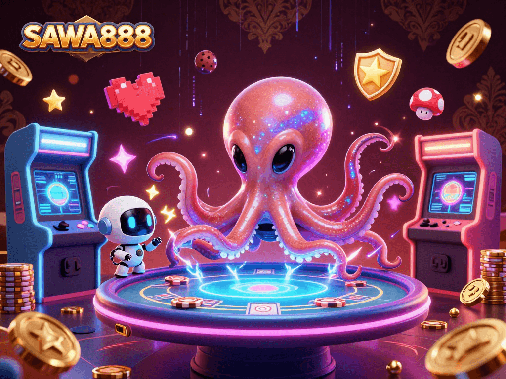 Experience thrilling action at SAWA888 with the alien octopus and robot amidst vibrant gaming