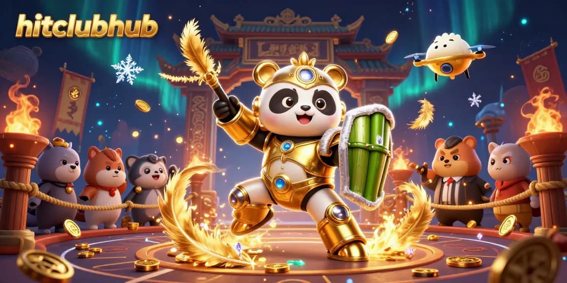 Experience exciting gameplay at hitclubhub with a golden panda in a mech-suit amidst a lively online casino.