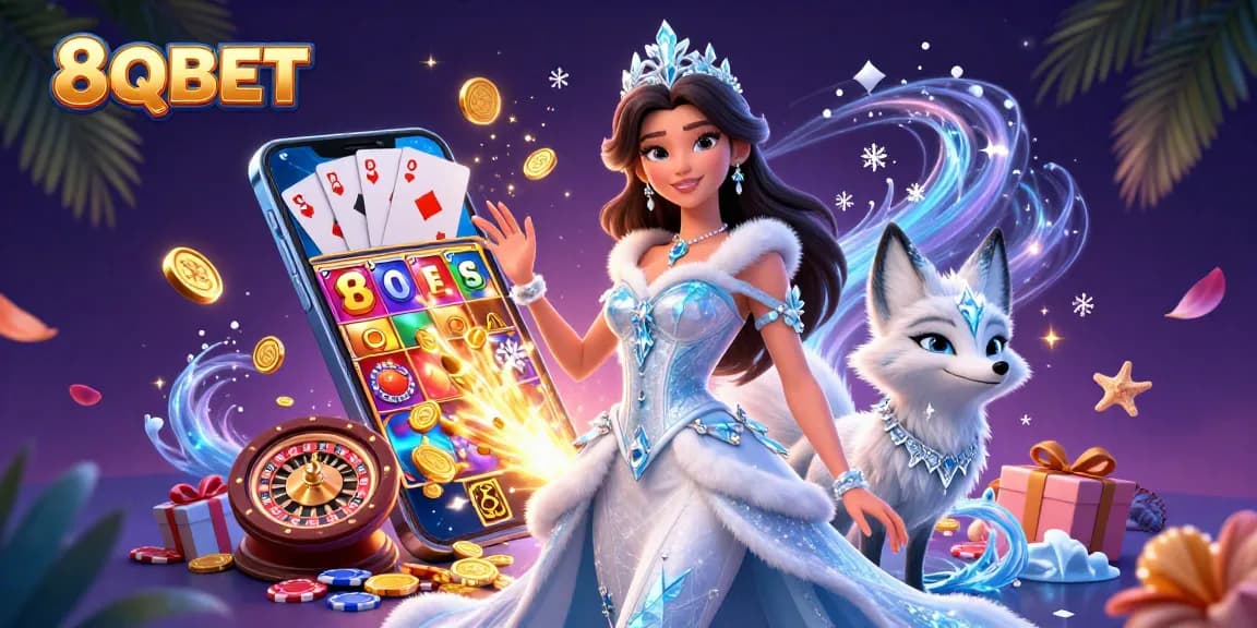 Engage with 8QBET's exciting gambling scene featuring slot games and sparkling elements.