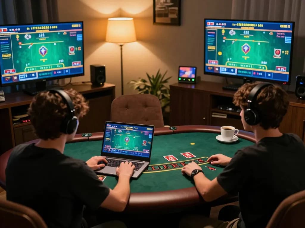 Player enjoying live dealer blackjack on cm88.com in a cozy home setup, engaging with multiple screens.