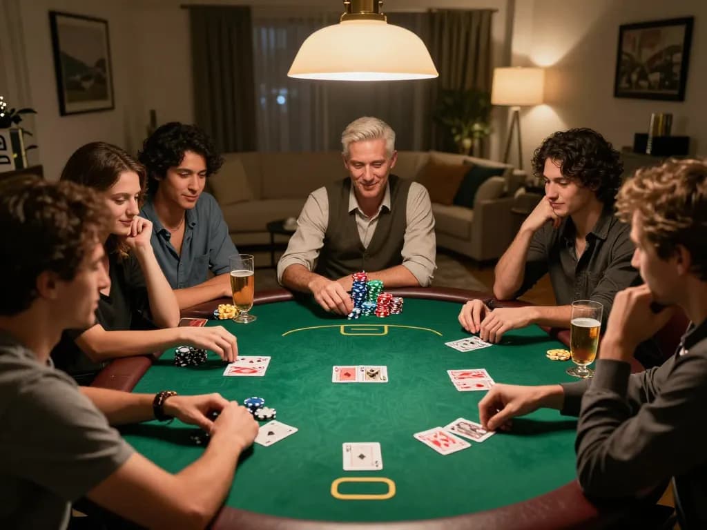 Engaging poker game scene showcasing link chính thức C168 in an inviting home atmosphere, featuring friends enjoying Texas Hold'em.