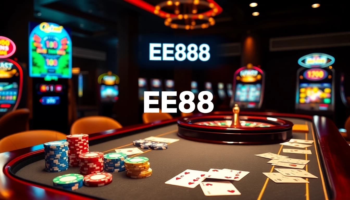 EE88 betting table with poker chips and roulette wheel, creating an exciting casino atmosphere.