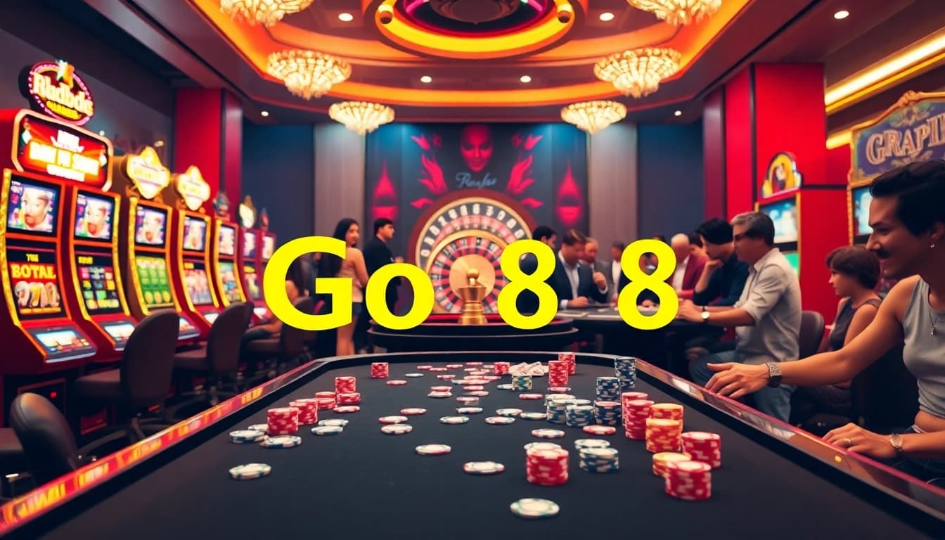 Go 88 players enjoying an exciting game at a vibrant casino table filled with chips and cards.