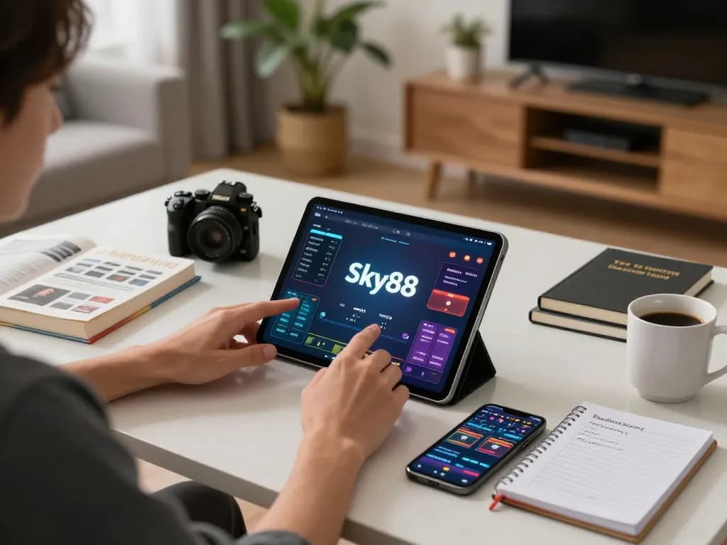 Engaged player utilizing the App Sky88 on their tablet during a home gaming session.