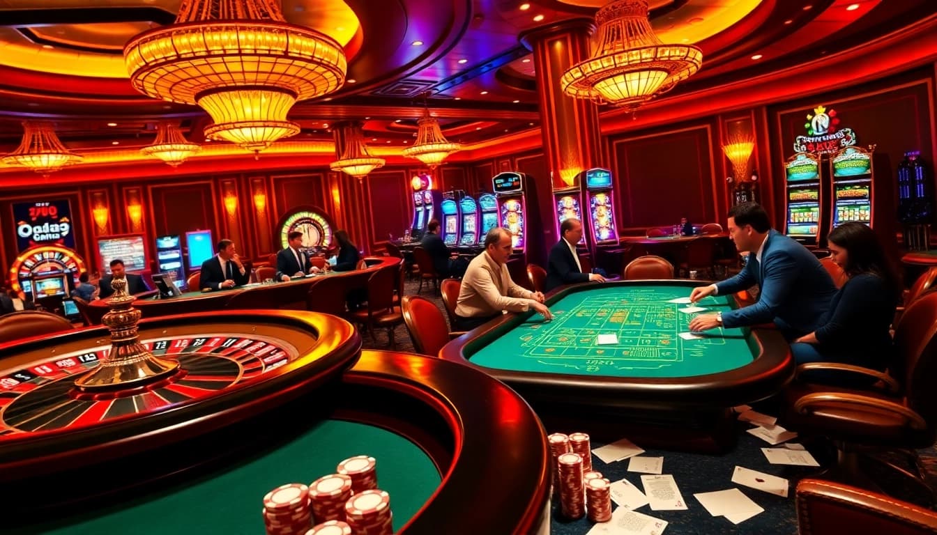 Intense gambling action at https://dagaz.com.co/ showcasing roulette, poker, and vibrant slot machines.