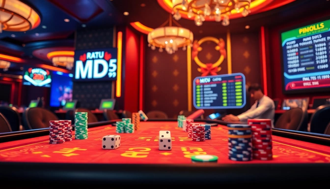 Tài xỉu MD5 engaging players with colorful dice and vibrant casino chips at an online table.