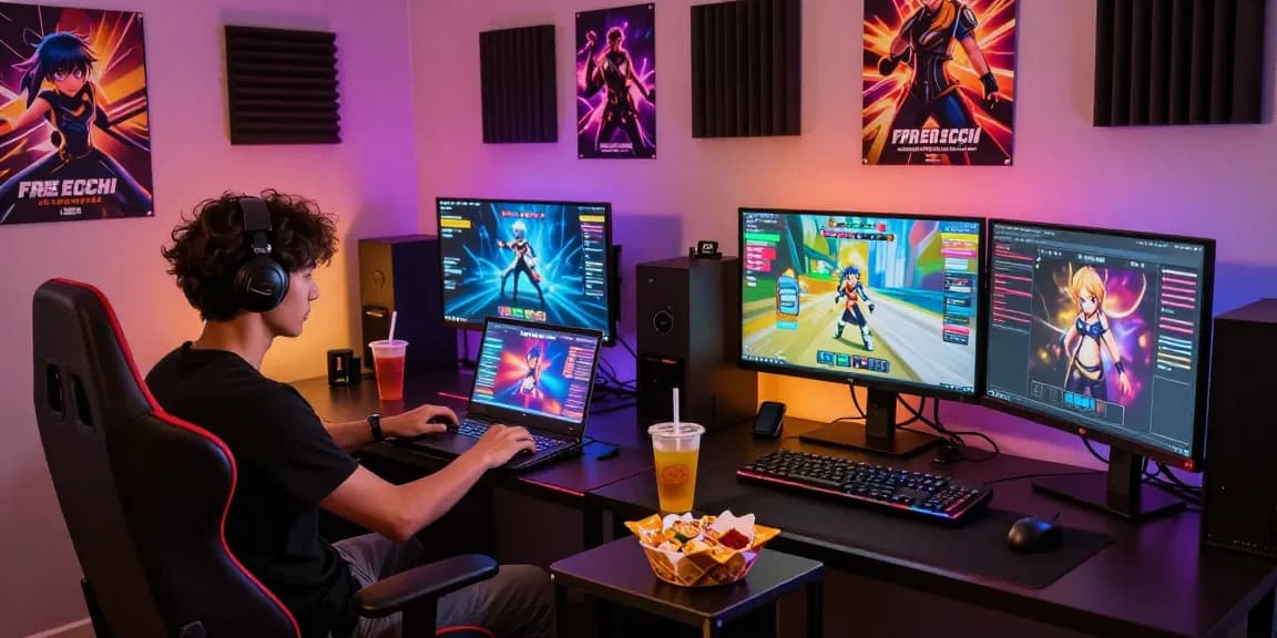 Exciting gaming lounge with a player enjoying free ecchi games on a laptop, vibrant LED lights.