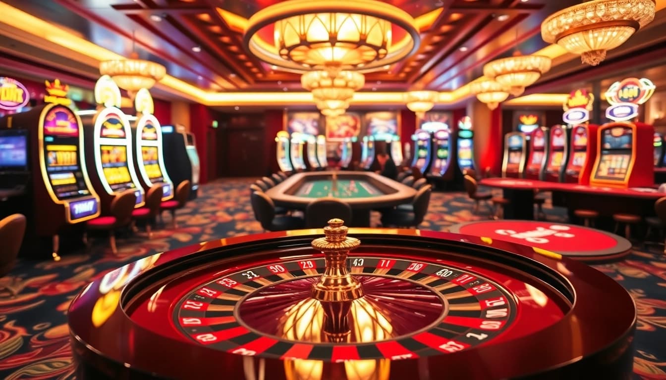 Winning excitement at https://1mm888.com/ in a luxurious casino with roulette and vibrant slot machines.