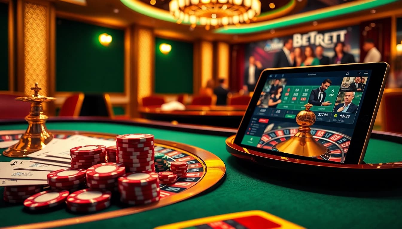 Experience the excitement of betting at https://bet88e.gold/ with dynamic casino tables, poker chips, and a roulette wheel.