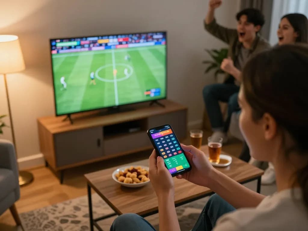 Engaging sports betting scene with live football match, betting on kết quả bóng đá through smartphone interface in a cozy home setting