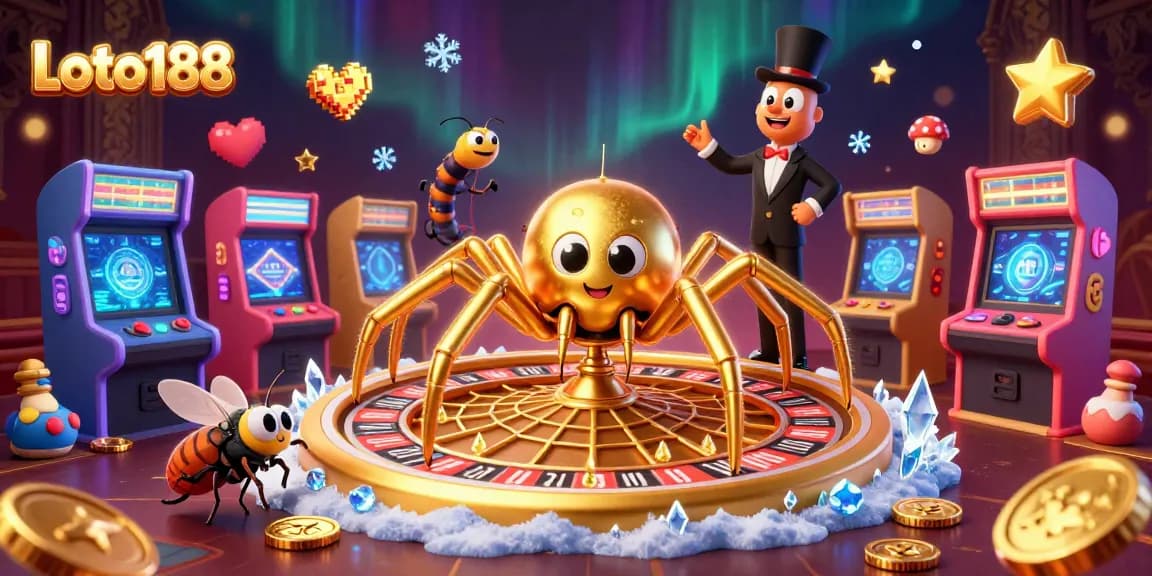 Loto188 showcases a 3D golden spider web roulette, highlighting bets in an immersive gaming scene.