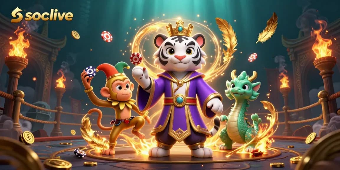 Experience the unique socolive vibe with the elegant white tiger, playful monkey, and jade dragon in action.