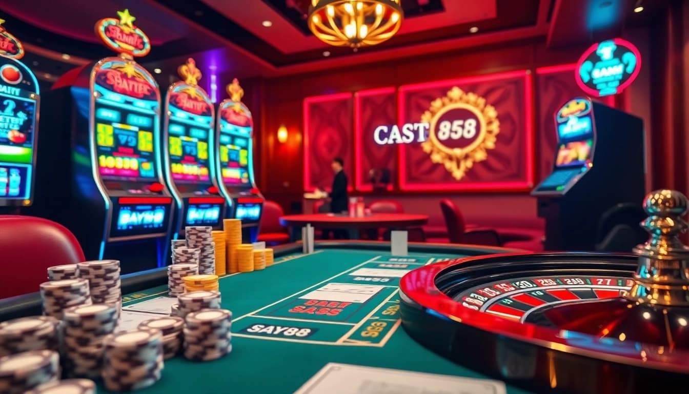 SAY88 casino scene with vibrant slot machines and engaging poker tables, conveying the excitement of gambling.