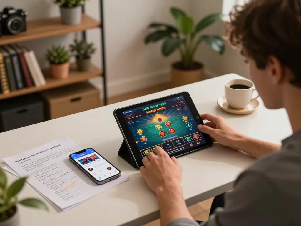 Engaged gamer using LLWIN TECH app on tablet while strategizing online betting in a cozy setting