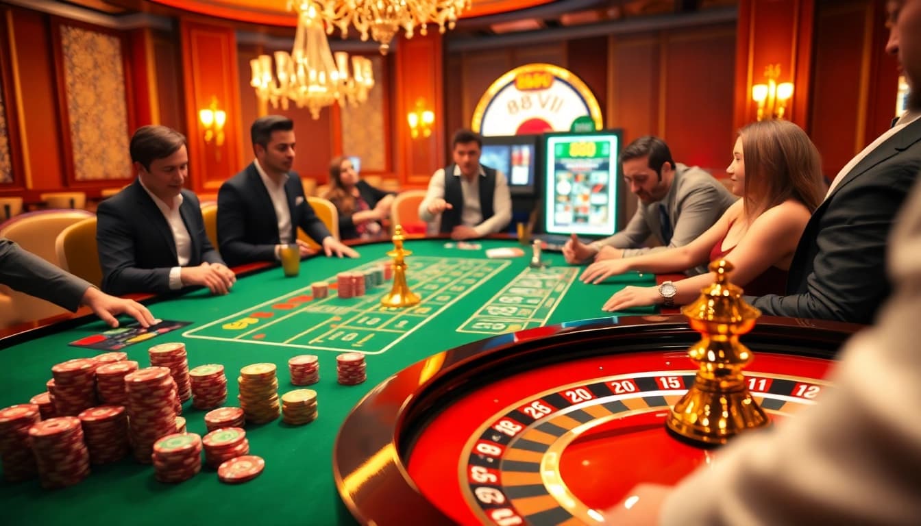 888VI players enjoying a dynamic online casino experience with roulette, poker chips, and slot machines.