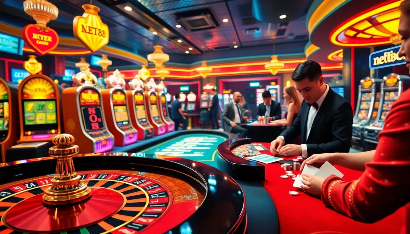 NET88 features a vibrant casino scene with engaged players at a roulette table and neon lights.