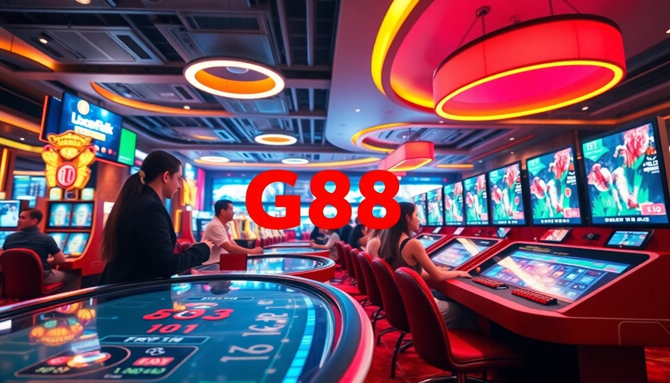 G88 gaming scene showcasing vibrant tables and technology in a casino atmosphere.